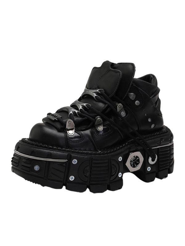 ダークパンクプラットフォームメタルハイトップシューズ【プレーン・チェーンナット付き】