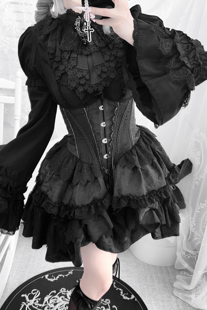 ゴシックフィッシュボーンスカート+シャツ+リボンカラー