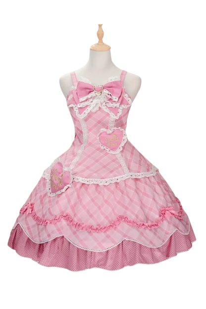 Check Sweet Girly Lolita Tiered Dress + Headband + Hairband