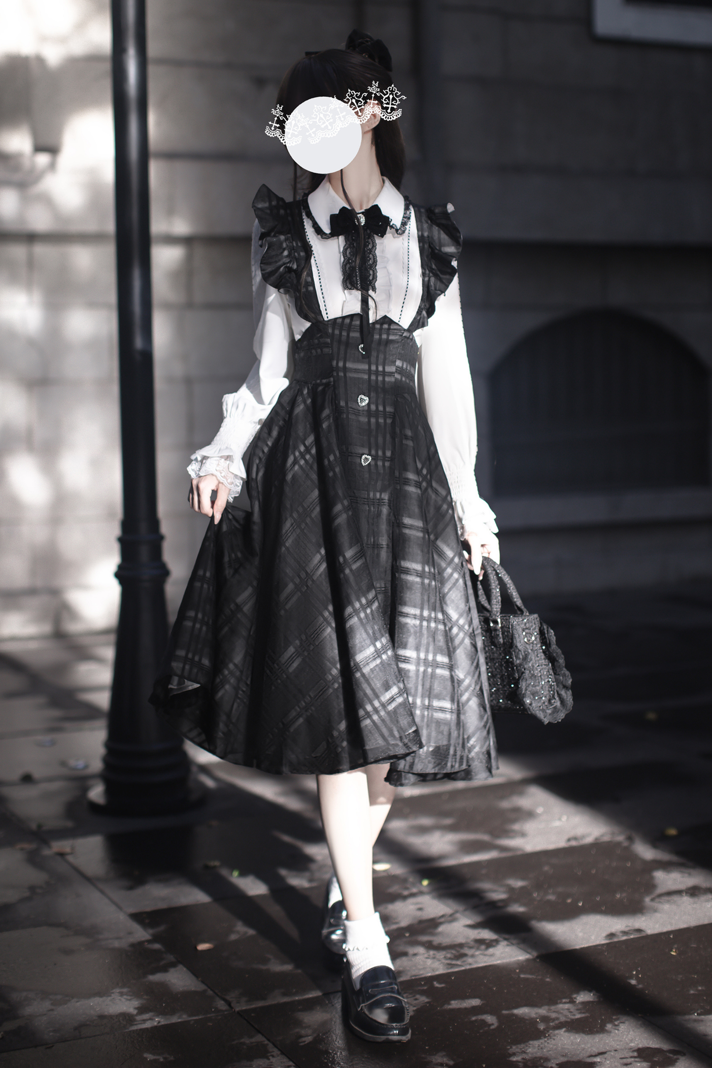 エレガントロングチェックサススカート＋シャツ＋リボン