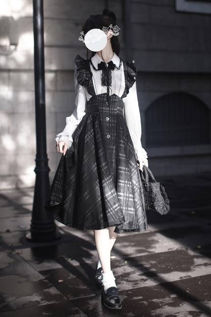 エレガントロングチェックサススカート＋シャツ＋リボン