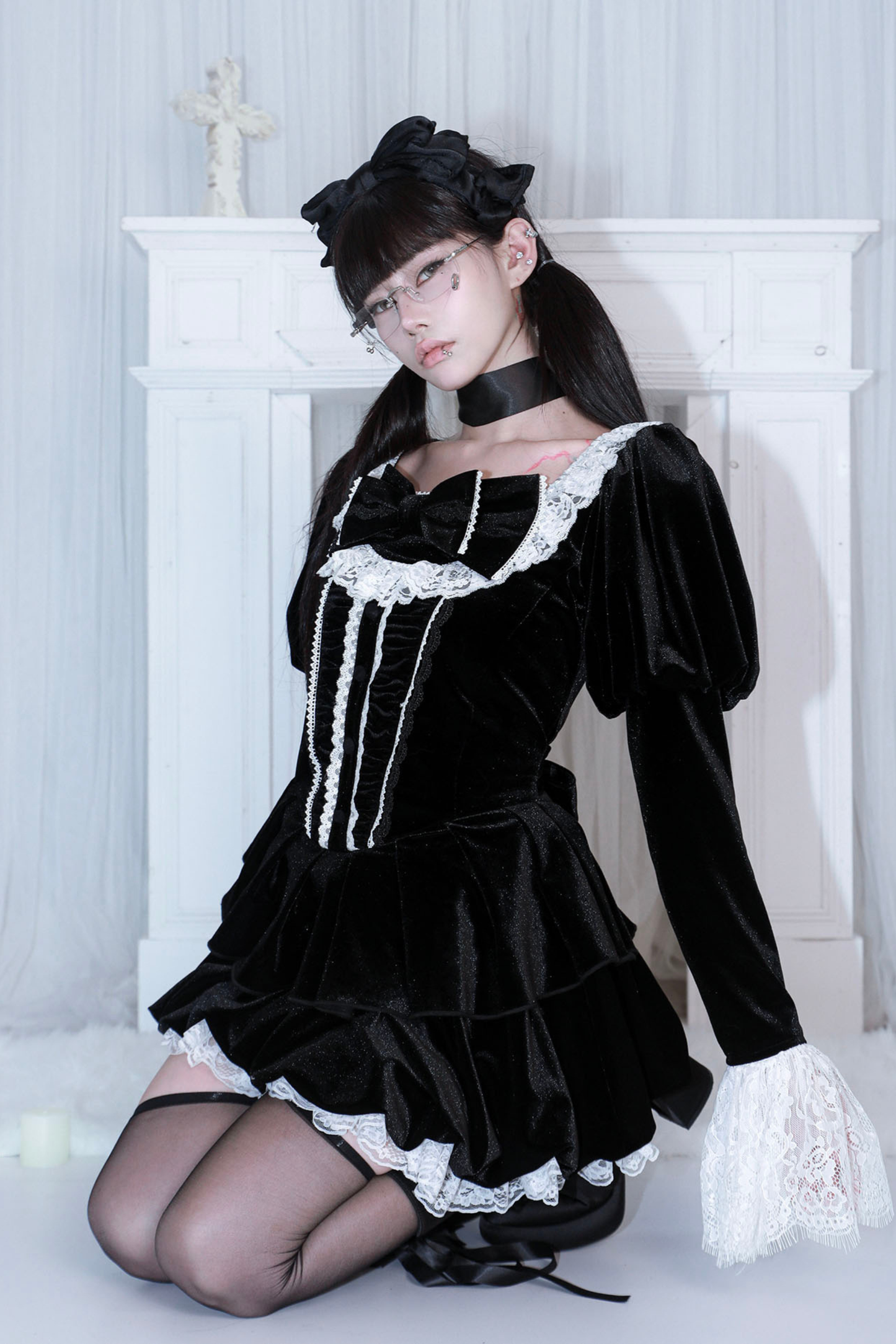 リボンゴシックベルベットレースドレス