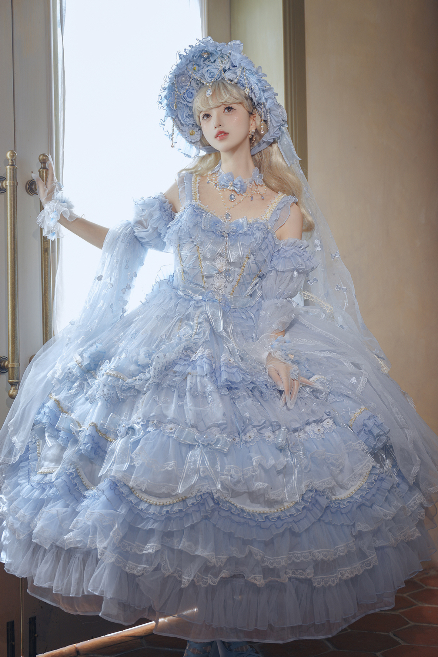 アイスブループリンセスロリータハット+ネックレス+グローブ+セプター