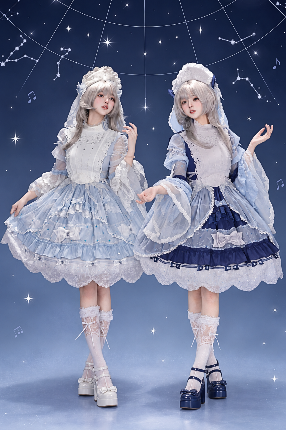 [Précommande jusqu’au 23 septembre] Robe Lolita classique bleu clair/bleu foncé avec broderies d’étoiles célestes, manches cloche, superposition de tulle et nœud
