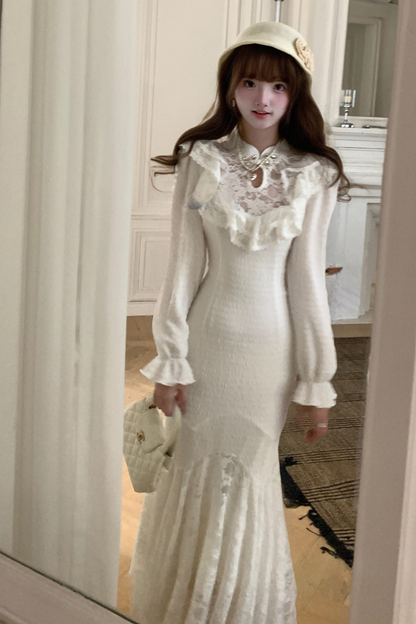 パフスリーブニットレースワンピース