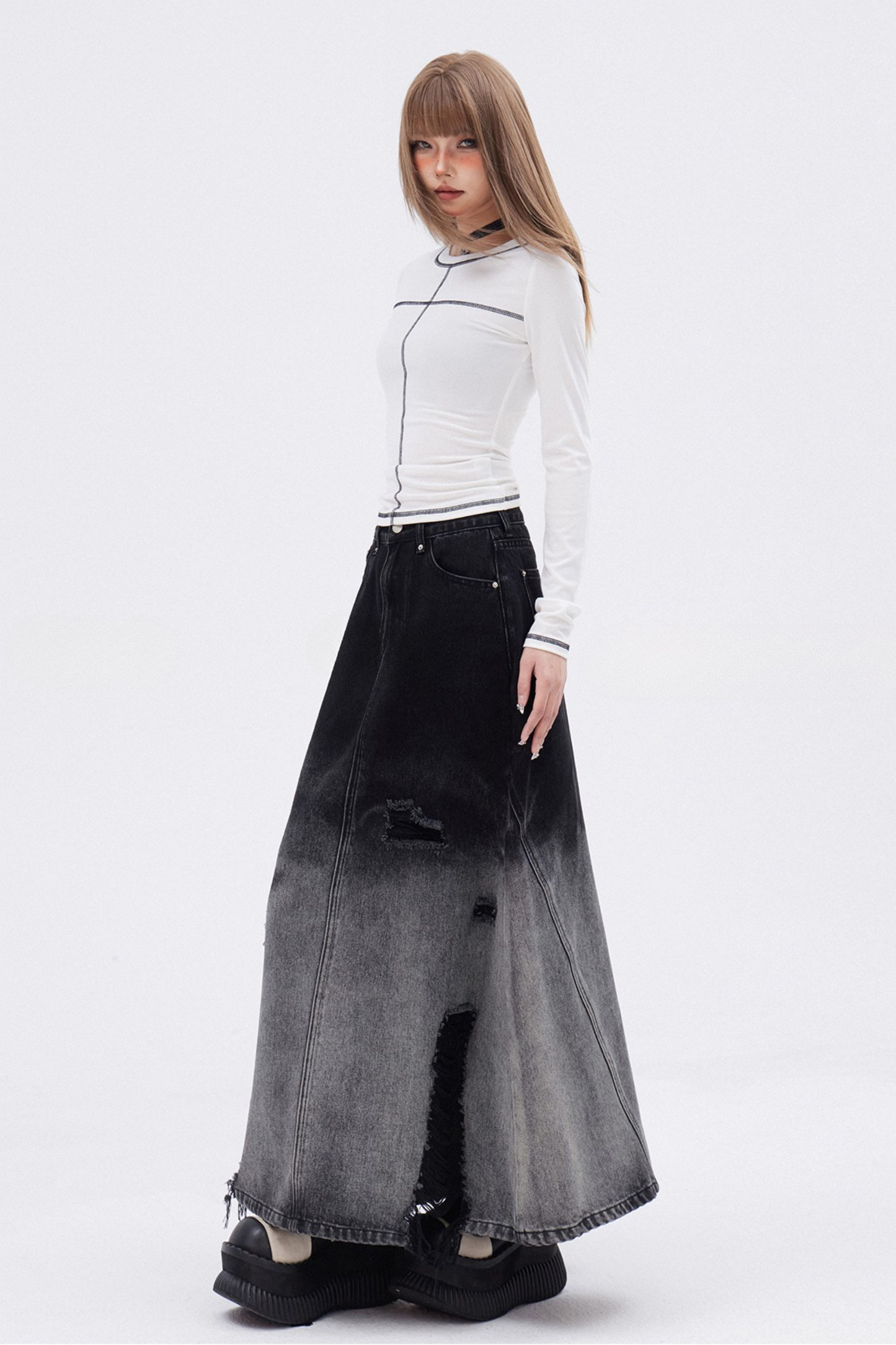 [Reservations] Washed Gradation Long Skirt