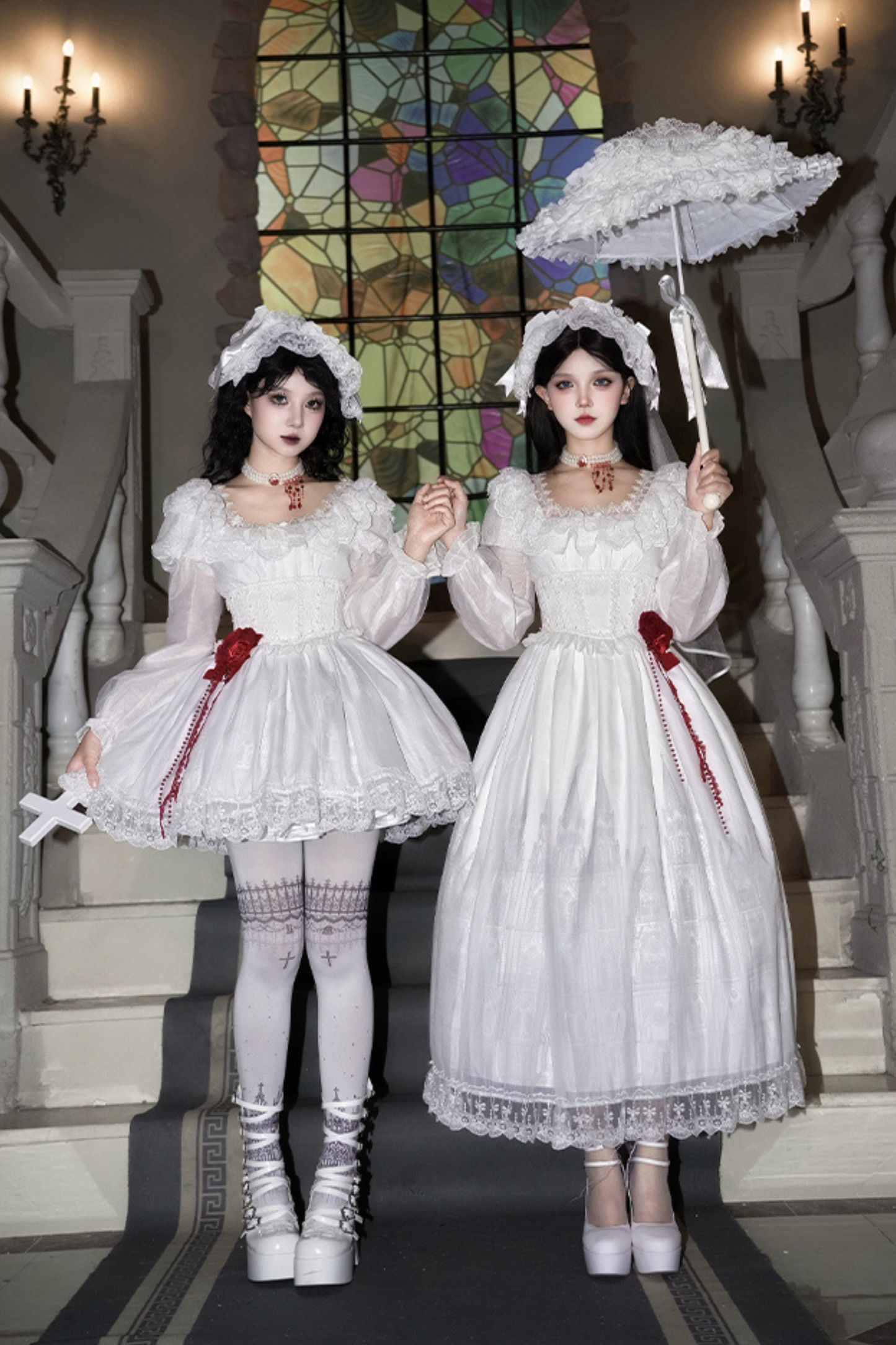 ゴシックツインズロリータドレス＋ハンドスリーブ＋ネックレス＋ヘッドバンド＋ベール＋コルセット＋取り外し可能カーテン＋コサージュ