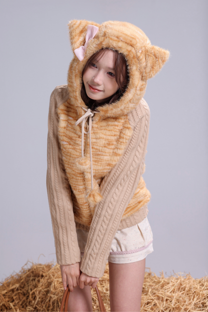 オレンジキャットファーパッチワークニットスリムフードジャケット