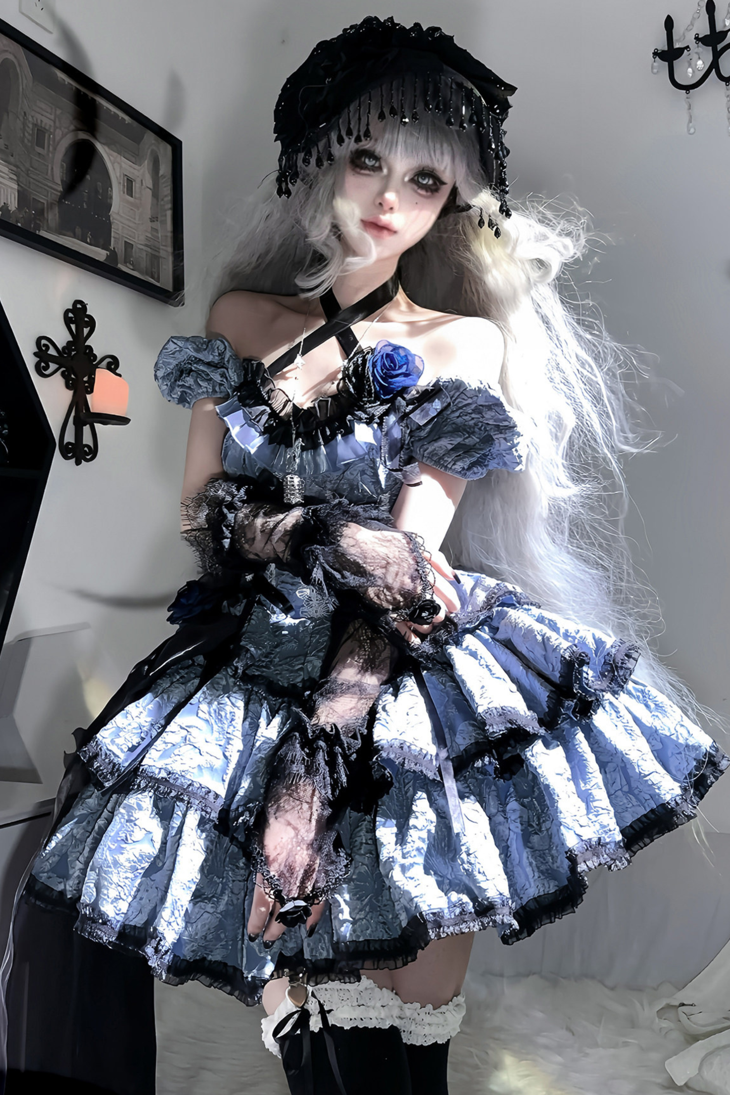 ダークブルーゴシックロリータドレス