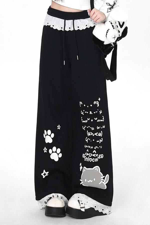キャットデザインレースルーズパンツ