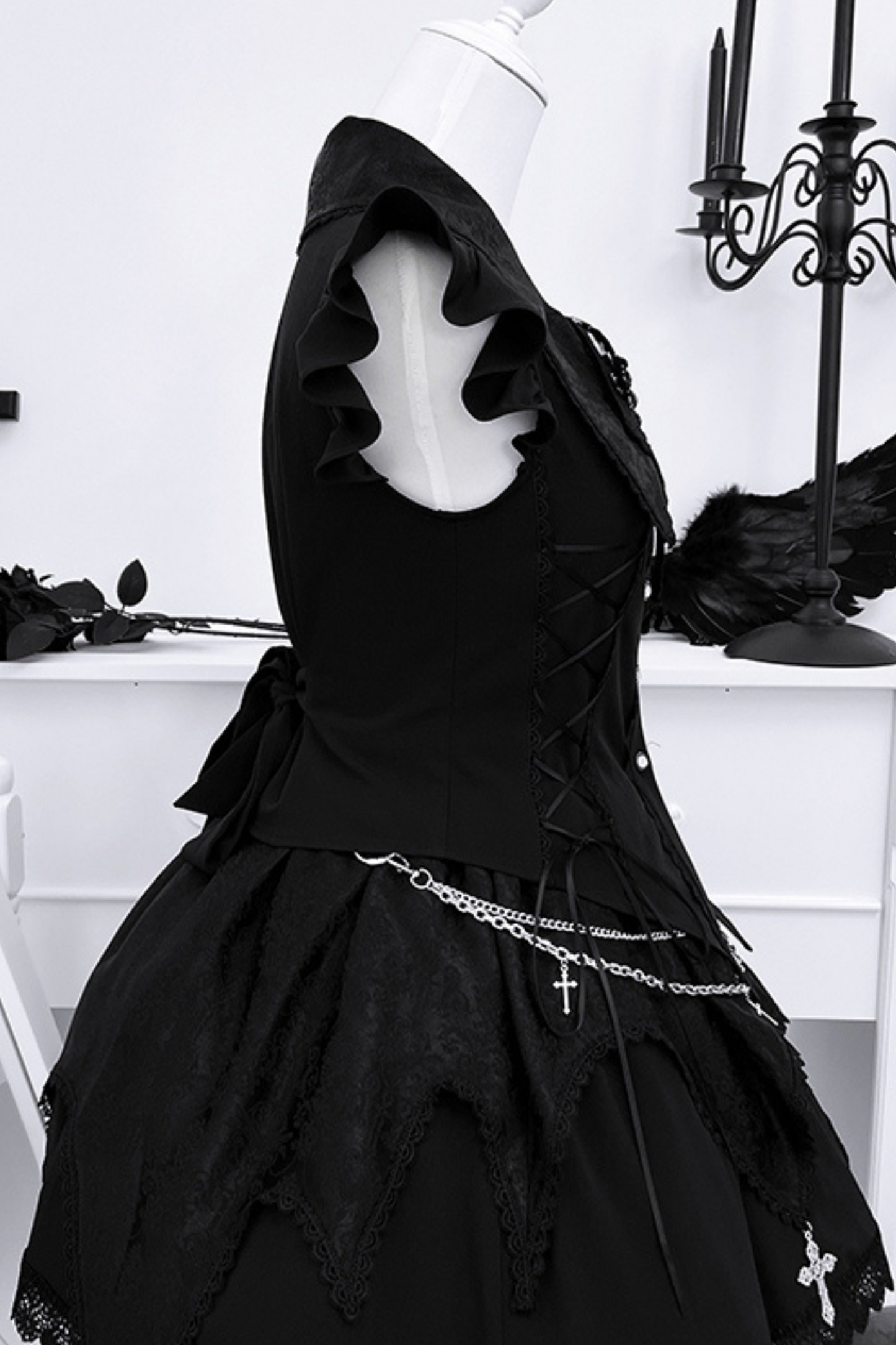 ダークゴシックサブカルチャーストラップセットアップ＋リボン＋チェーン