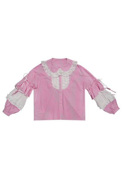 Camisa de patchwork con cuadrícula rosa muñeca