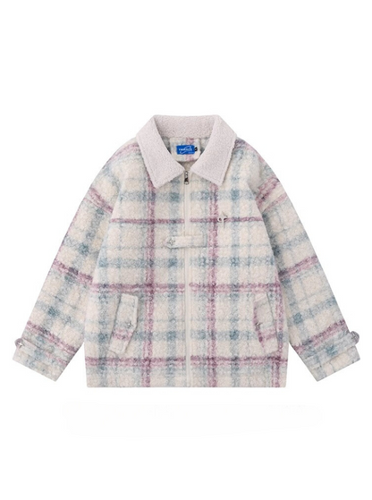 Retro Colorful Check Lapel Lamb Velvet Cotton Coat