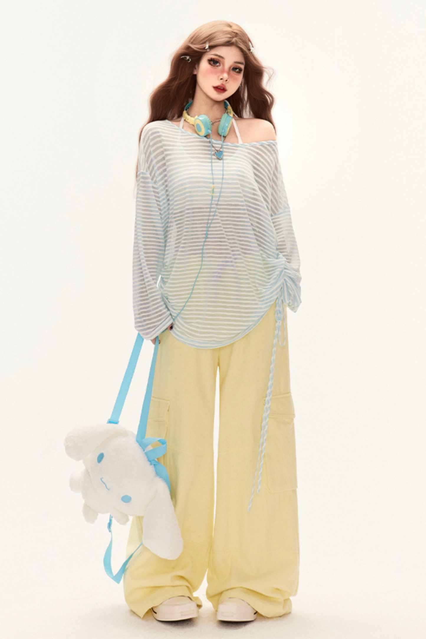 シアーデザインルーズオフショルトップス