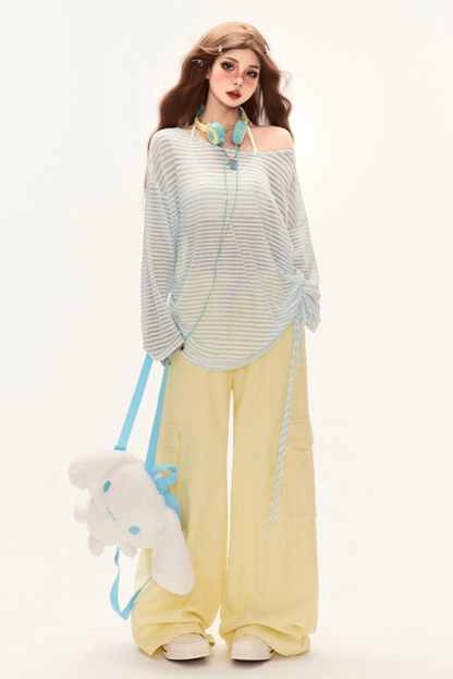 シアーデザインルーズオフショルトップス