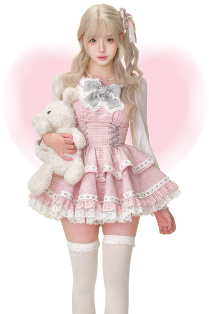 フェイクツーピースドレス（リボン付き）+ホワイトバブルパンツ