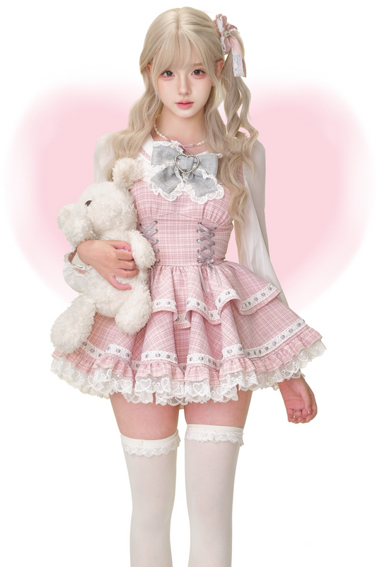 フェイクツーピースドレス（リボン付き）+ホワイトバブルパンツ