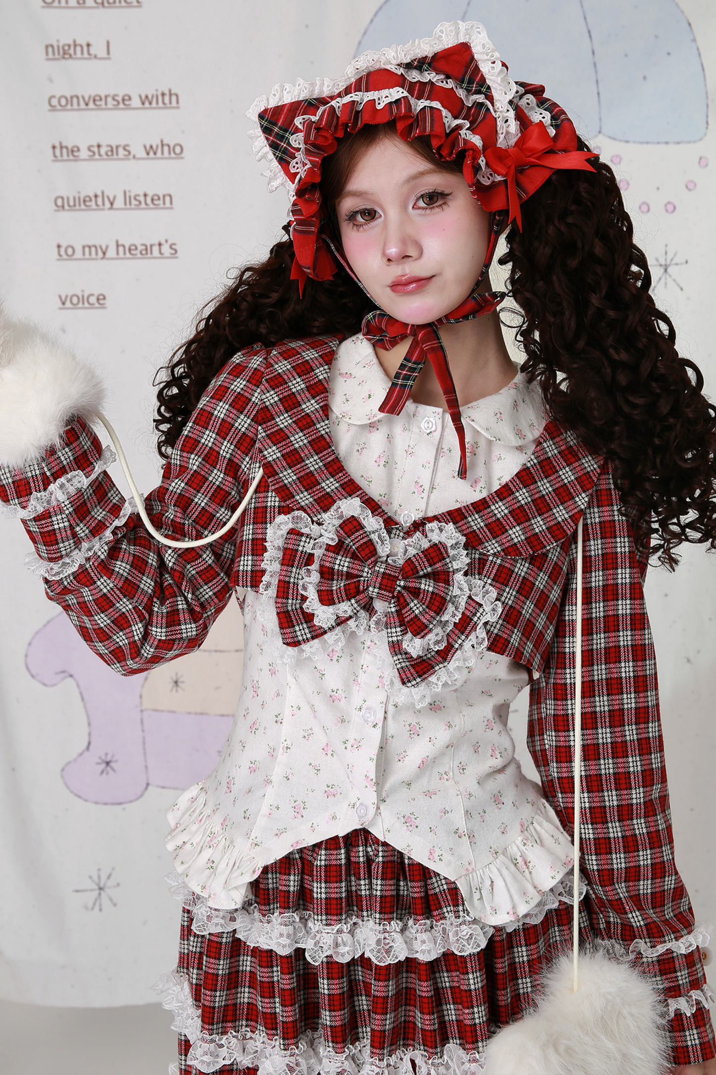 レトロチェックレースリボンショートジャケット