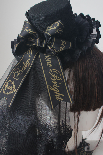 ブラックゴールドロリータヘッドバンド+リボンカチューシャ+チョーカー+ハットベール+スリーブ