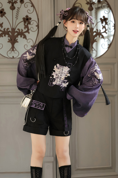 Dark china top + vest + shorts + necklace