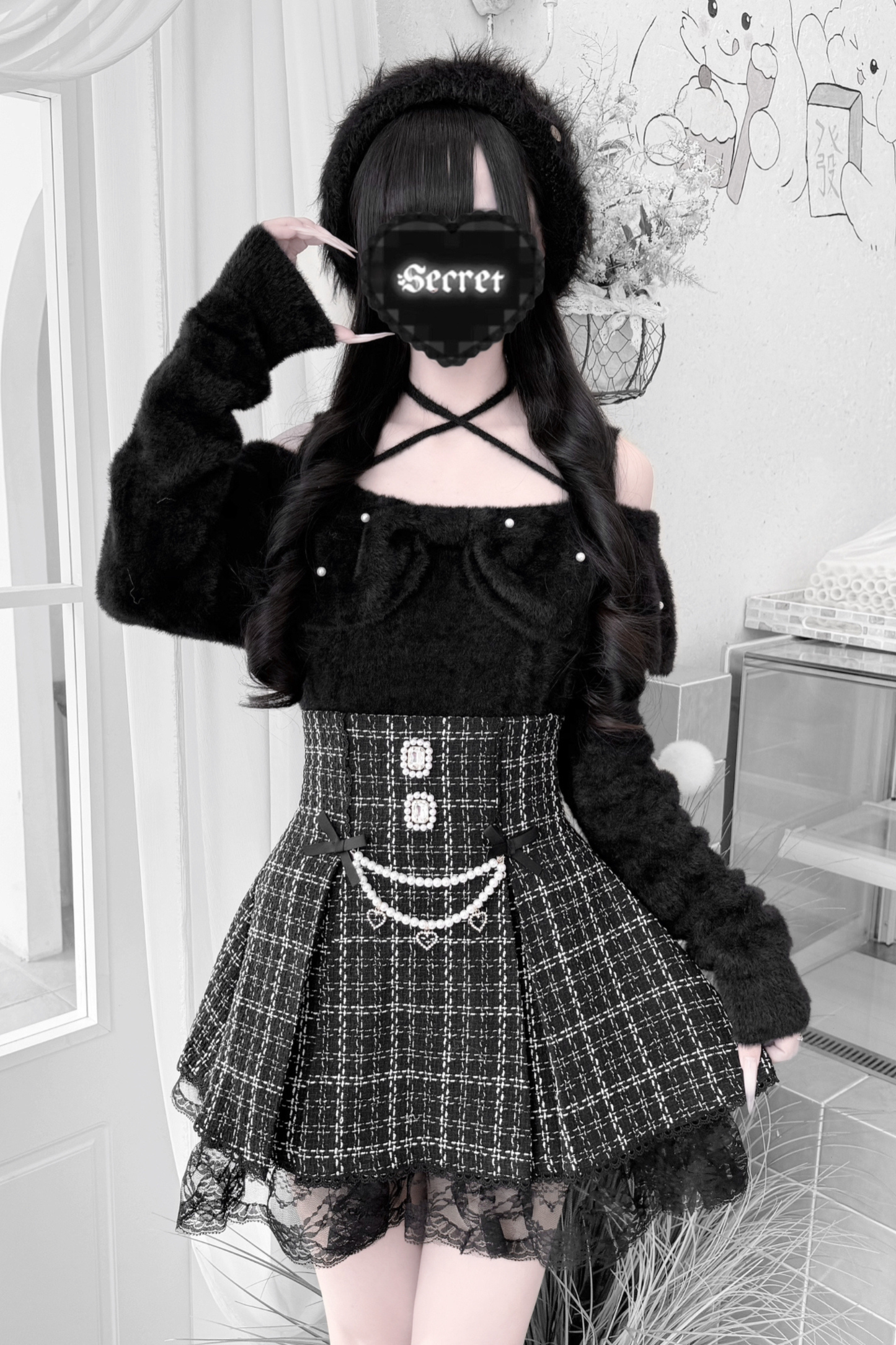 Ribbon mink velvet off-the-shoulder sweater