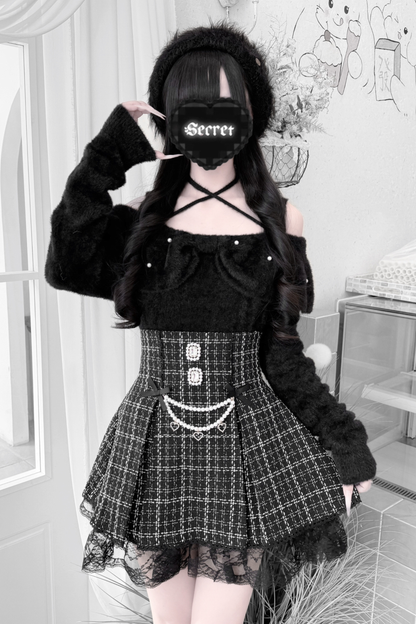 Ribbon mink velvet off-the-shoulder sweater