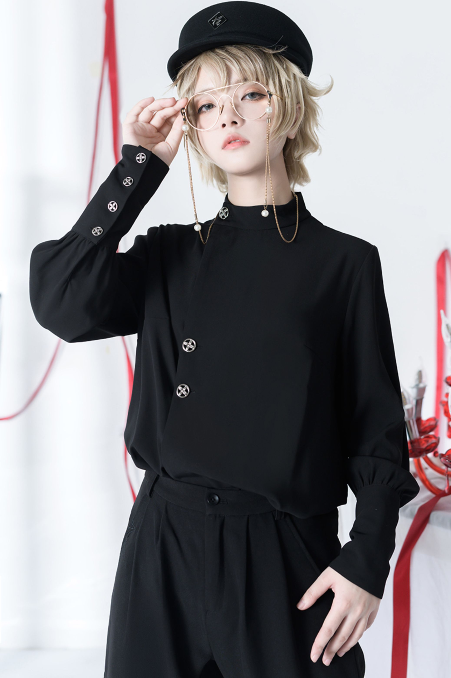 レトロモードスタンドカラーブラウス