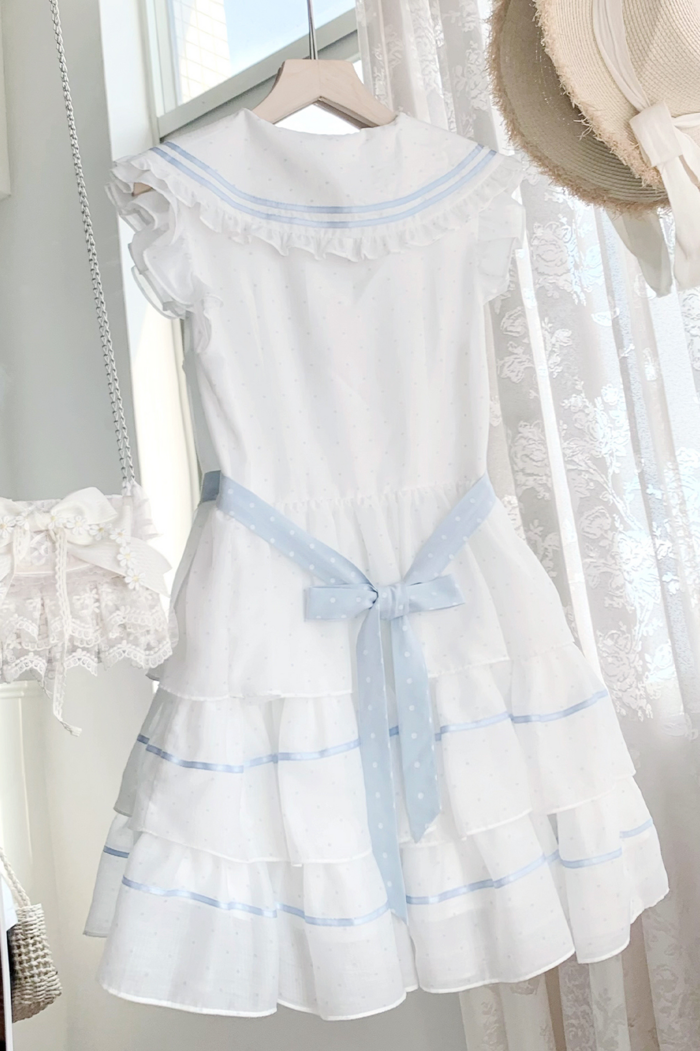 ドットノースリーブリボンセーラーワンピース