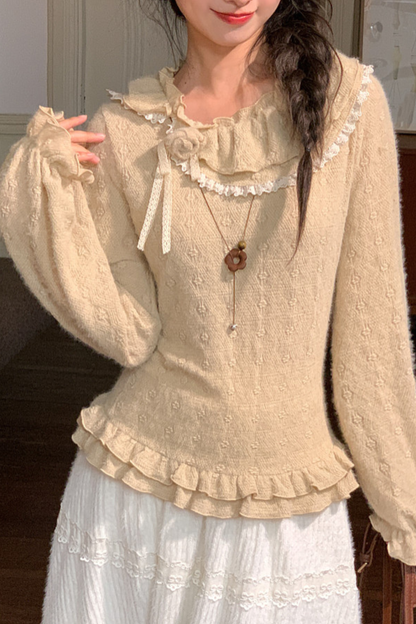 レースカラーロングスリーブトップス