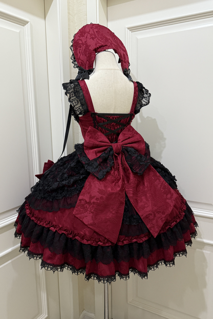 ローズフリルプリンセスジャンパースカート+バッグリボン+ボンネット