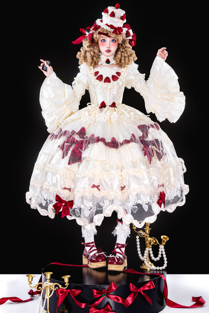 [3월 13일 예약마감] 스트로베리 크림 롤리타 원피스 + 케이크 모자 + 꼬리 + 보닛 + 페티코트