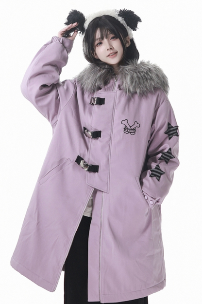 ダークカラーファーフードミドルコート