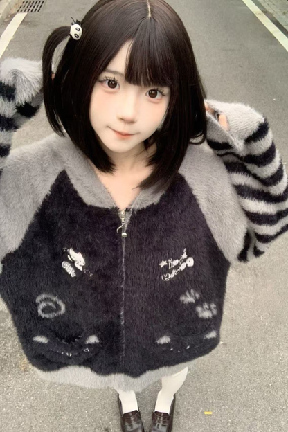 キャットルーズフードジッパーカーディガン