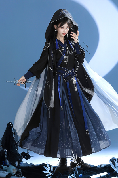 Dark china hooded top + belt + cape + necklace + skirt