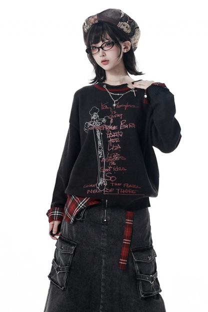 ダークトップス+デニムスカート+チェックウエストアクセサリー