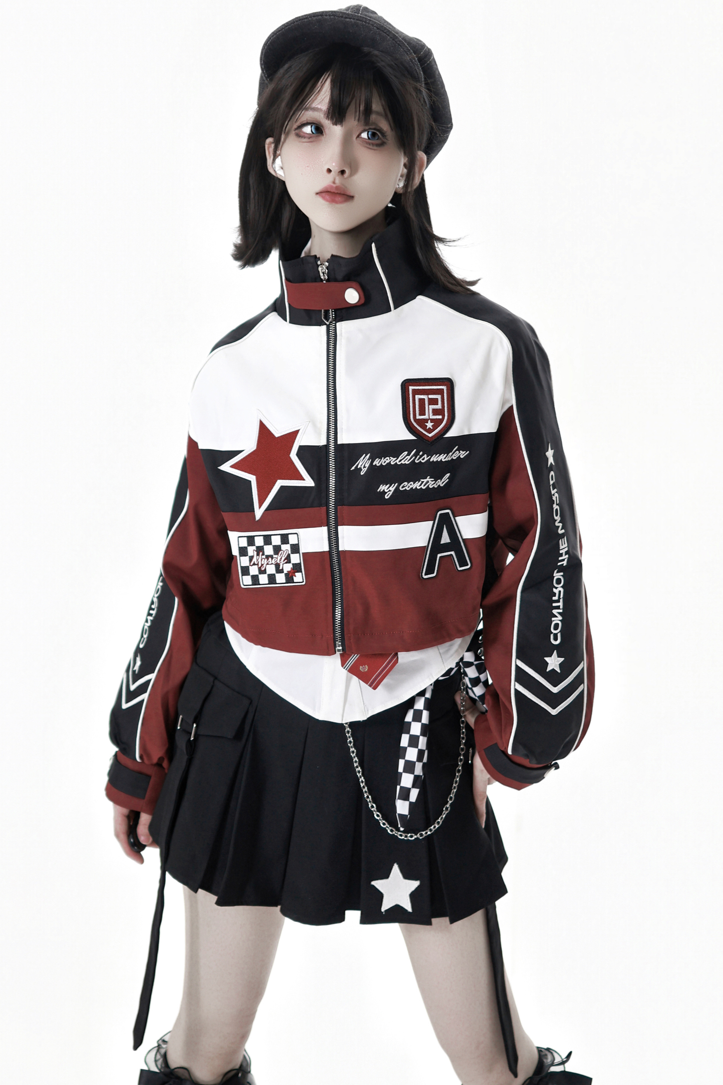 バイカージャケット+ネクタイ付きシャツ+スカート+ベルト