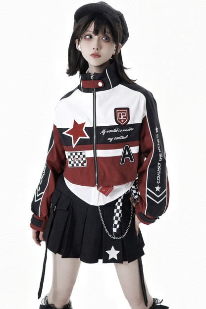 バイカージャケット+ネクタイ付きシャツ+スカート+ベルト