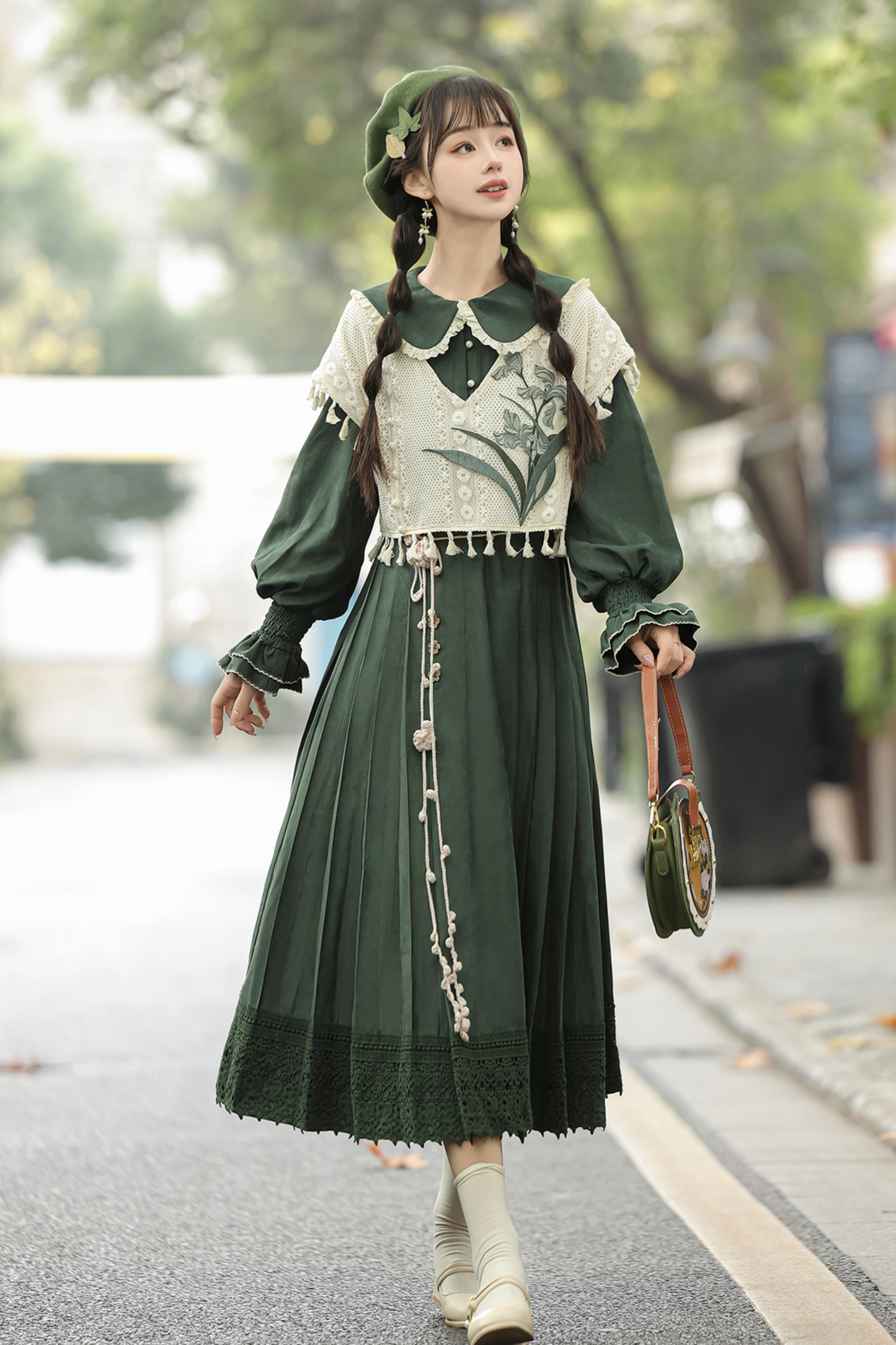 Dark green retro dress + vest