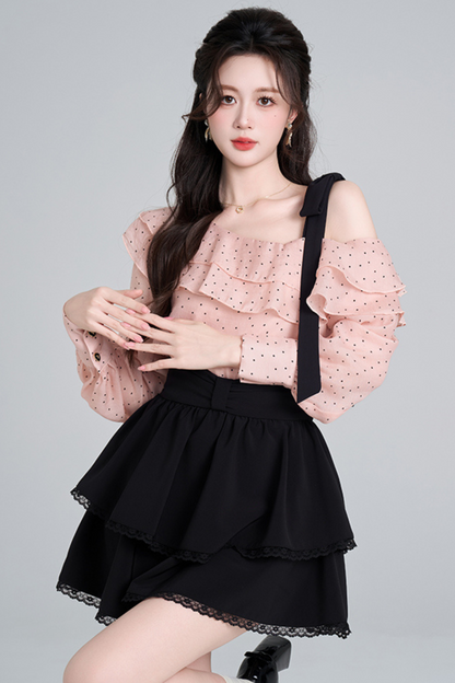 사선 숄더 물방울 핑크 블라우스 + 플레어 스커트