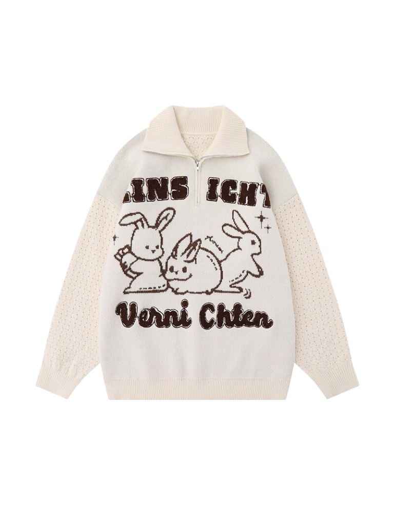 American Retro Rabbit Jacquard Lapel Sweater Knit