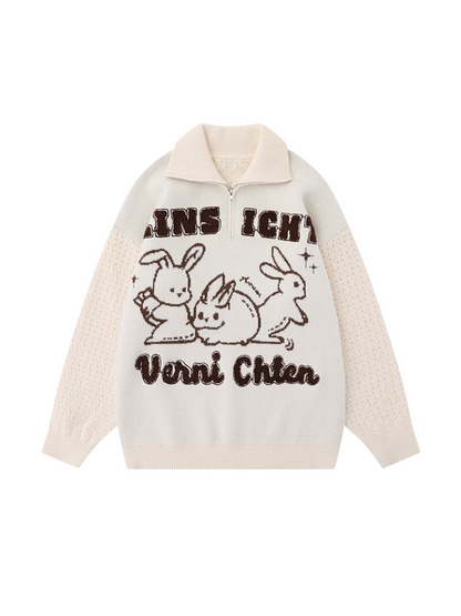 American Retro Rabbit Jacquard Lapel Sweater Knit