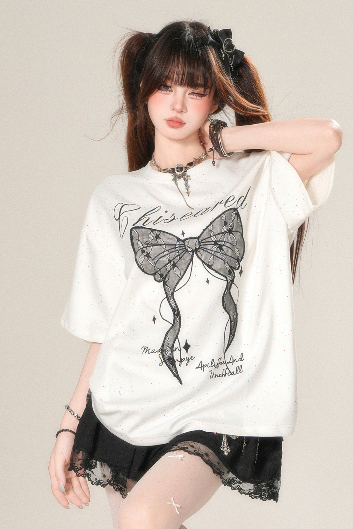 レースリボンルーズ地雷トップス