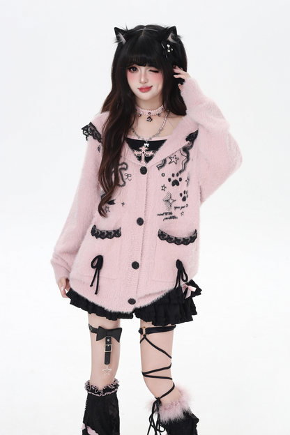 Lace hooded cardigan with rabbit ears