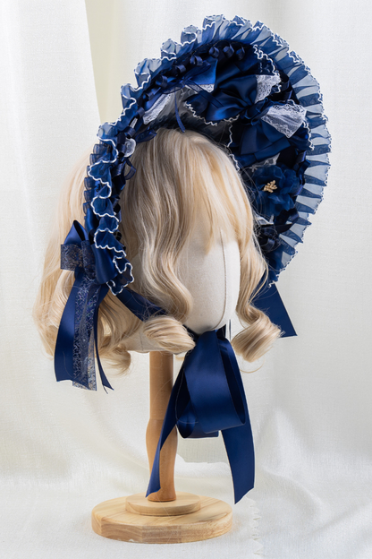 ネイビーブルーロリータボンネット+ヘアバンド+ハットクリップ+リボンクリップ