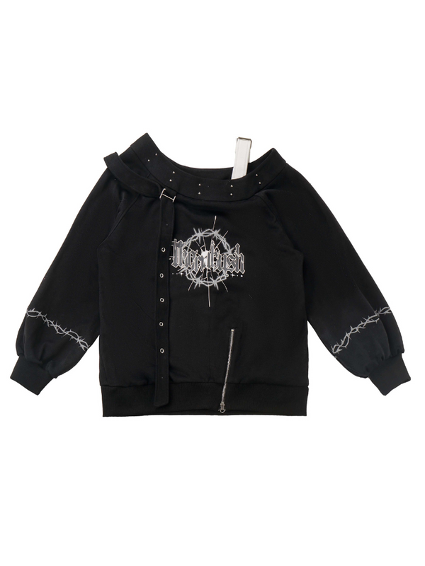 ダークソーンプリントデザインスウェットスーツアイレットトレーナー＋レースイレギュラースカート