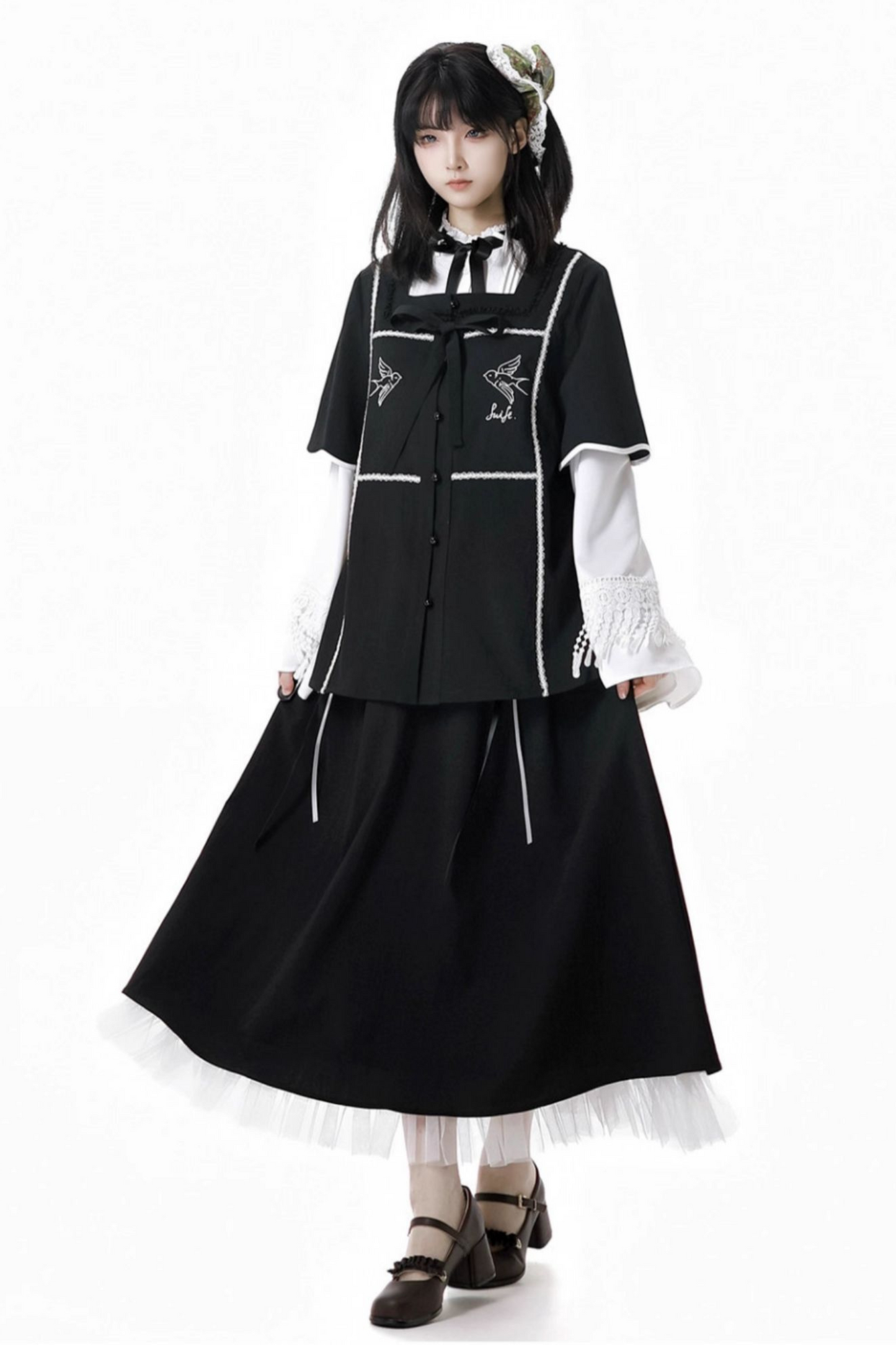 ダークモードスクエアネックカーディガン+シャツ+ロングスカート