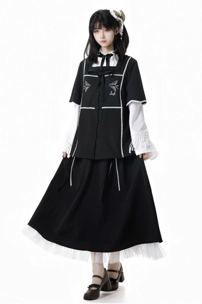 ダークモードスクエアネックカーディガン+シャツ+ロングスカート