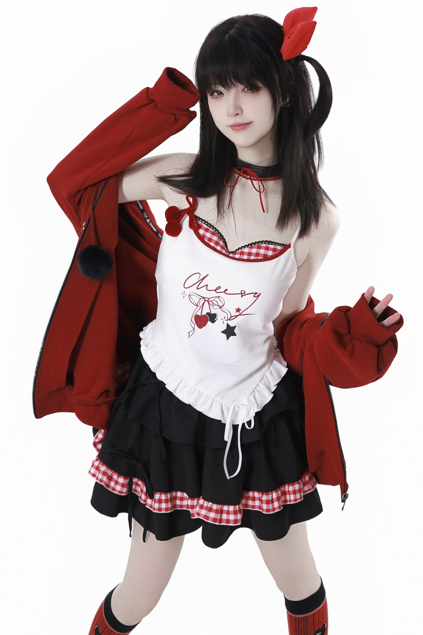 チェリーウィンドフードパーカー+キャミソール+スカート