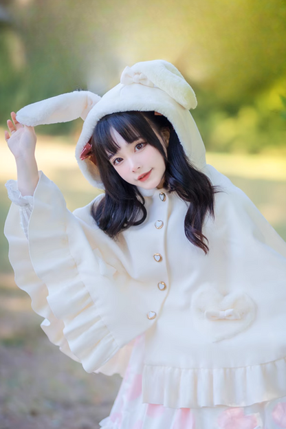 [Reservation product] Rabbit Ears Fur Hoodie Plus Velvet White Lolita Cloak