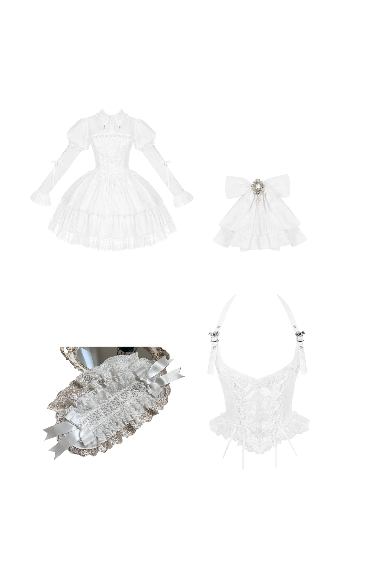 White gothic gemini Lolita dress + corset + ribbon + hair band + veil